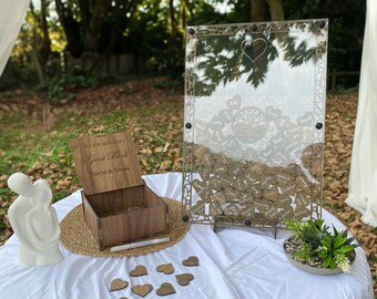 Hochzeitsgästebuch Alternative mit Holzherzen, einzigartiges Hochzeitsgästebuch, Acrylhochzeitsschild, personalisiertes Hochzeitsgeschenk