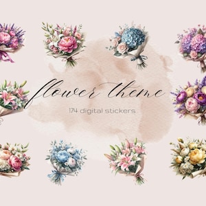 Flower theme printable stickers png, 174 flower theme cartoon sticker png, print and cut sticker, cute flower
