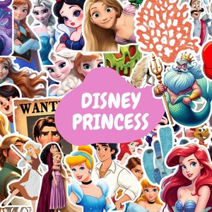 Disney Princess printable stickers png, 142 Disney Princess cartoon sticker png, print and cut sticker, planner sticker png