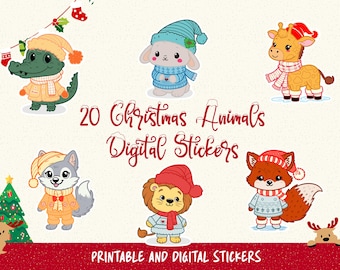 May include: A collection of 20 Christmas animal digital stickers. The stickers feature various animals, including a crocodile, rabbit, giraffe, wolf, lion, and fox, all dressed in winter clothing and hats. The text "Christmas Animals Digital Stickers" is displayed.