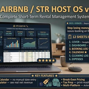 Airbnb STR Host OS | Korttidsuthyrningsspårare | Beläggningskalender | Excel-mall | 12 ark