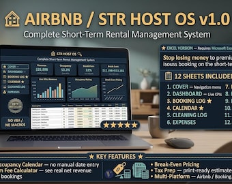 Airbnb STR Host OS | Short-Term Rental Tracker | Occupancy Calendar | Excel Template | 12 Sheets