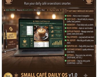 Small Café Daily OS – Excel Sales Tracker, Recipe Costing, Inventory (P&L Report)