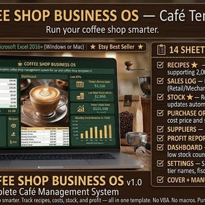 Puede incluir: Una plantilla digital de gestión de negocios de cafetería para Microsoft Excel, mostrada en la pantalla de una computadora portátil. La interfaz presenta un panel con datos de ventas, listas de recetas y seguimiento de inventario, con 14 hojas.