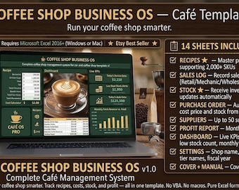 Coffee Shop Business OS | Cafe Manager | Recipe Costing & Profit Tracker | Excel Template | 14 Sheets