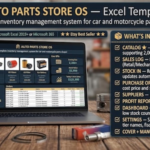 May include: A digital Excel template for an auto parts store inventory management system displayed on a laptop screen. The interface shows product images, live KPIs, and order logs. A side panel lists ten included sheets like catalog, sales log, and profit report.