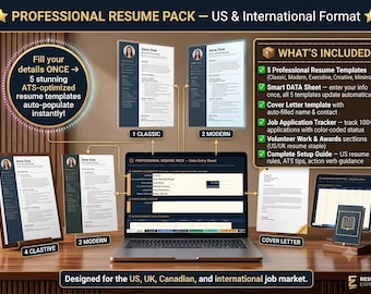 Professional Resume Pack Excel | 5 ATS Templates | US Format | Auto-Fill | Cover Letter | Job Tracker | Instant Download
