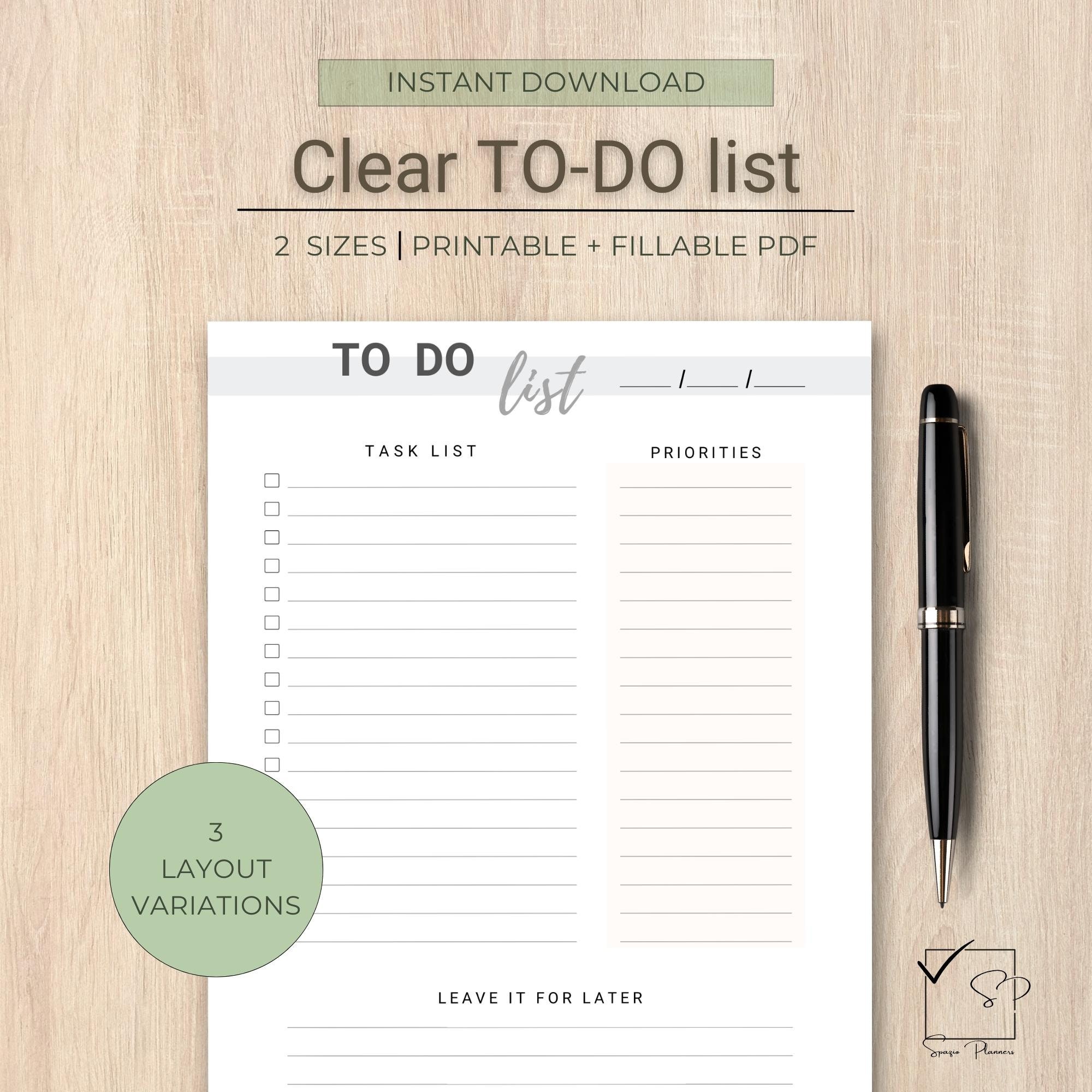 Clear TO-DO List Printable Digital to Do List & Fillable PDF Planner ...