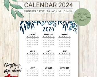 Druckbarer Kalender 2024 schöne Weihnachtsgeschenk digitale Kunst eine Seite neues Jahr Kalender Wandkunst Dekor