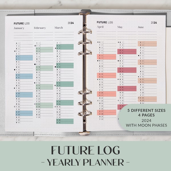 Quarterly planner 2024, Colorful rainbow Future log, Printable Annual Overview, Year at a glance