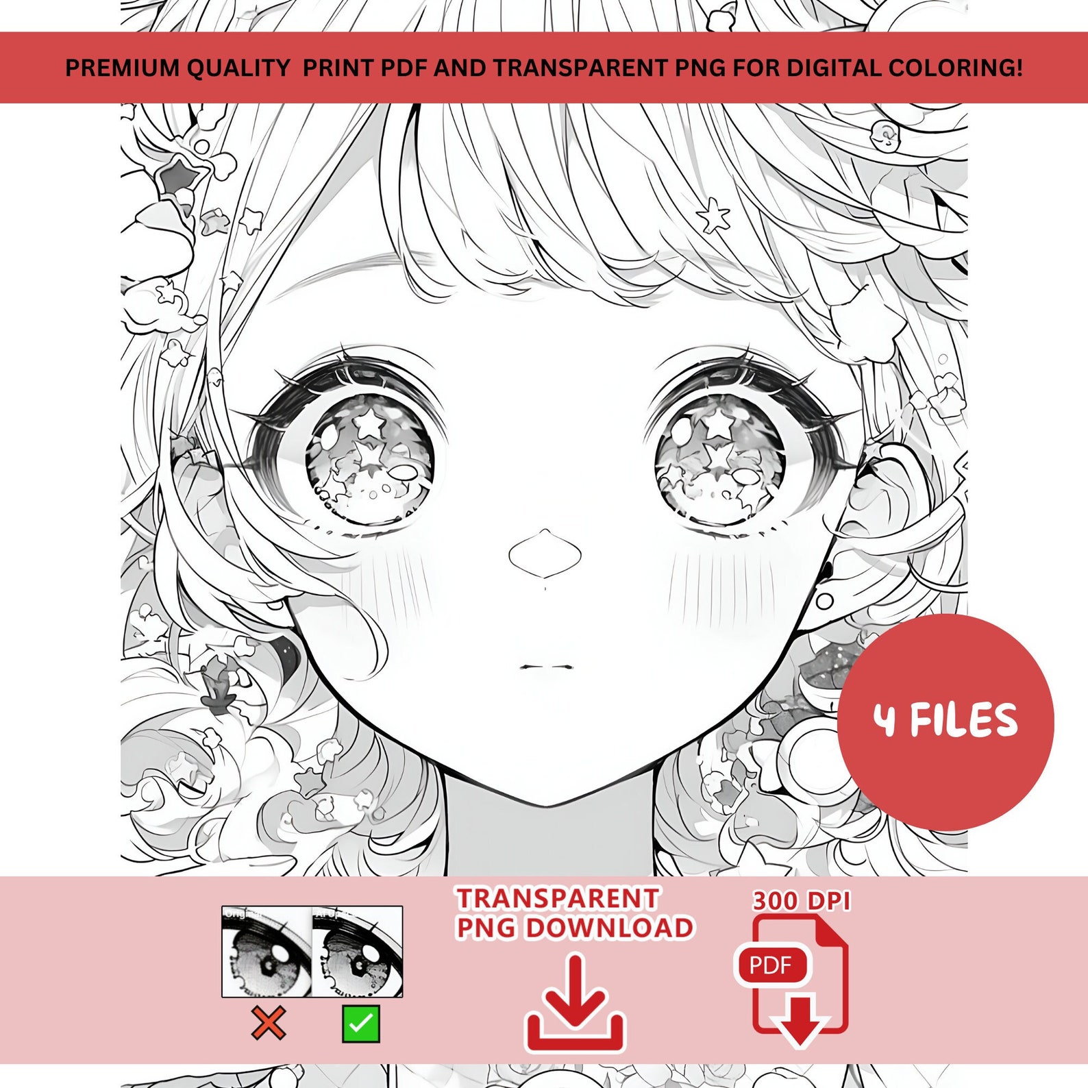 Anime Coloring Page [eyes of Wonder] 300 DPI PDF and Transparent PNG ...