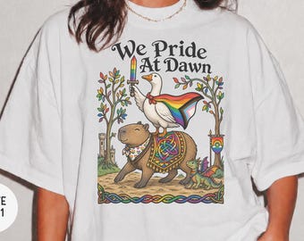 Pride Shirt We Ride At Dawn Goose Medieval Unisex LGBT Rainbow T-Shirt, Gay Pride Gift, Lesbian LGBTQ Tee, Funny Pride Goose Baby Tee Shirt