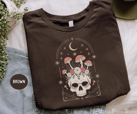 Botanical Skull Moth Tshirt, Witchy, Wiccan Dark Cottagecore Tee Shirt, Boho Pagan Witchy Vibes Halloween Celestial Mushroom Floral Moon Tee