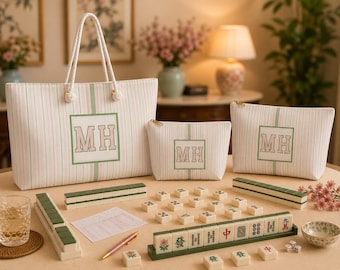 Personalized Monogram Mahjong Tote Bag, Custom Mahjong Gift For Her, Pink Green Striped Mahj Tile Bag Storage Set Game Night XL Travel Pouch