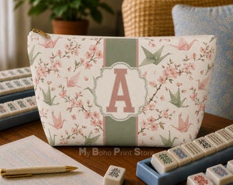 Personalized Mahjong Tile Bag, Custom Monogram Mahjong Gift, Origami Bird Mahj Storage Set Ladies Matching Game Night Travel XL Pouch Bags