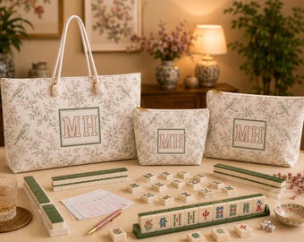 Personalized Monogram Mahjong Tote Bag, Custom Bird Mahjong Gift For Her, Chinoiserie Mahj Tile Storage Set, Game Night Travel Pouch XL Bags