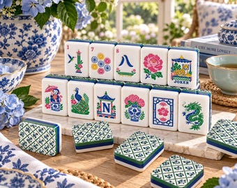 Chinoiserie Blue Hydrangea 4-Layer American Mahjong Set 160 Tiles, Bamboo Lattice, Large Preppy American Mahjong Ladies Game Night Gift