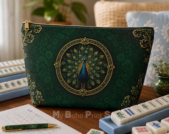 Peacock Mahjong Tile Bag, Elegant Green Chinoiserie Mahjong Bag Gift, Mahj Tile Accessory Storage Set Ladies Game Night XL Travel Pouch Bags