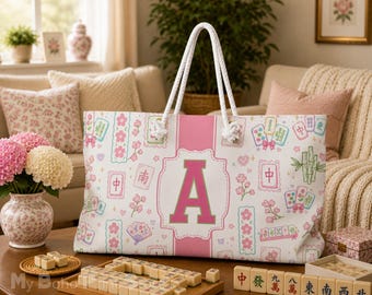 Personalized Mahjong Tote Bag, Custom Monogram Mahjong Bag, Cherry Blossom Mahj Tile Storage Bag, Gift for Mahjong Player, Travel Pouch Set