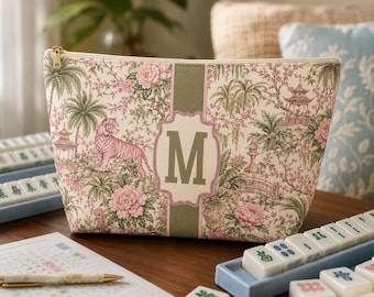 Personalized Mahjong Tile Bag, Chinoiserie Custom Monogram Mahjong Gift Pink Tiger Botanical Mahj Storage Set, Game Night Travel Pouch Bags