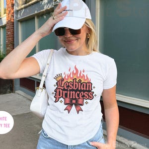 Lesbian Princess Baby Tee Shirt, 90s Y2K Flaming Coquette Bow Lesbian Crop Top, Bisexual Sapphic Pride Shirt, WLW Femme Lesbian Couple Gifts