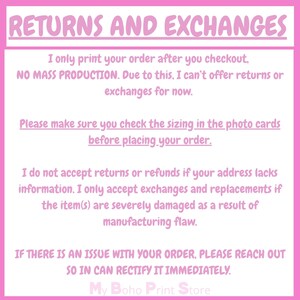 May include: A pink and white graphic with the text "RETURNS AND EXCHANGES." The text explains the shop's return policy, including no returns or exchanges due to custom printing, and to check sizing before ordering. The shop name "My Boho Print Store" is at the bottom.