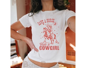 Save A Horse Ride A Cowgirl Sapphic Bi Baby Tee Shirt,  Lesbian WLW Pride Crop Top, Western Femme Baby T shirt, Subtle Cowgirl Lesbian Shirt