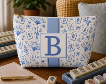 Personalized Mahjong Tile Bag, Custom Monogram Mahjong Gift, Blue Chinoiserie Mahj Storage Set, Ladies Matching Game Night Travel Pouch Bags