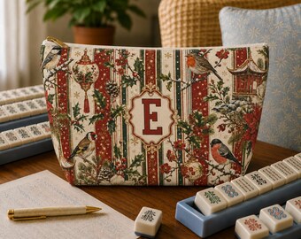 Personalized Monogram Mahjong Tile Bag, Custom Mahjong Christmas Gift, Chinoiserie Bird Mahj Tile Storage Set, Game Night Travel Pouch Bags
