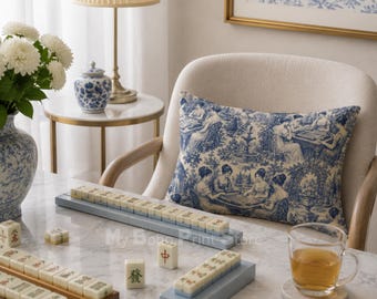 Blue Toile Chinoiserie Mahjong Pillow, Gift For Mahjong Player, Luxury Mahjong Home Decor, Mahj Game Night Cushion For Back Support
