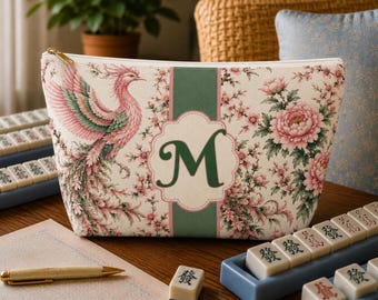 Personalized Mahjong Tile Bag, Chinoiserie Pink Phoenix Custom Monogram Mahjong Gift, Mahj Storage Set, Ladies Game Night Travel Pouch Bags