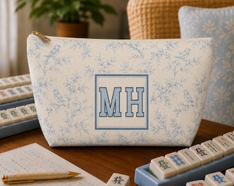 Personalized Monogram Mahjong Tile Bag, Blue Toile Chinoiserie Mahjong Gift, Custom Mahj Storage Set Ladies Game Night Travel XL Pouch Bag