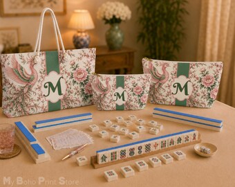Personalized Mahjong Tote Bag, Custom Monogram Mahjong Bag Gift For Her, Pink Phoenix Mahj Tile Storage Bag, Game Night Travel Pouch Set