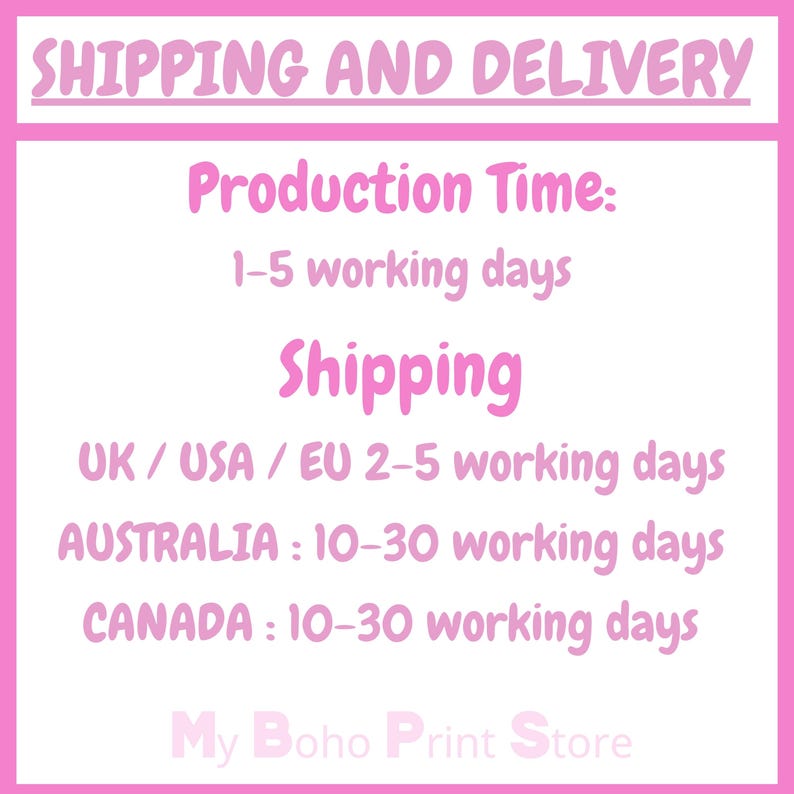 May include: Pink text on a white background reads "SHIPPING AND DELIVERY." Below, it details production time as 1-5 working days. Shipping times are listed for UK/USA/EU, Australia, and Canada.