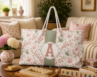 Personalized Monogram Mahjong Tote Bag, Custom Mahjong Gift, Origami Crane Bird Mahj Tile Bag Storage Set, Ladies Game Night XL Travel Pouch