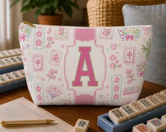 Personalized Mahjong Tile Bag, Custom Monogram Mahjong Gift, Cherry Blossom Mahj Storage Set, Ladies Game Night Mahjong Travel XL Pouch Bags