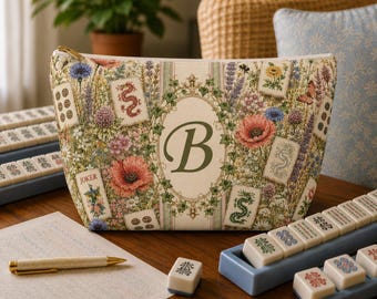 Personalized Monogram Mahjong Tile Bag, Wildflower Botanical Mahjong Accessory Gift, Floral Mahj Storage Set, Game Night Travel Pouch Bags