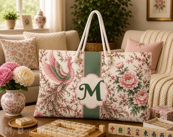 Personalized Mahjong Tote Bag, Custom Monogram Mahjong Bag Gift For Her, Pink Phoenix Mahj Tile Storage Bag, Game Night Travel Pouch Set