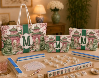 Personalized Mahjong Tote Bag, Custom Monogram Mahjong Bag Gift For Her, Guardian Lion Mahj Tile Storage Bag, Game Night Travel Pouch Set
