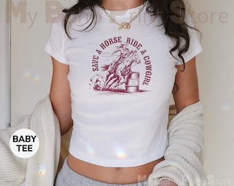 Save A Horse Ride A Cowgirl Baby Tee Shirt, Subtle Lesbian Shirt Sapphic Cowgirl Lesbian Bi WLW Pride Crop Top, Western Femme LGBTQ+ Tees