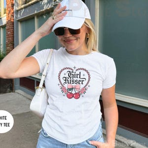 Girl Kisser Baby Tee Shirt, Gothic Cherry Coquette Lesbian Crop Top, Cute Bi Subtle Sapphic Pride Shirt, WLW Femme Butch Lesbian Couple Gift