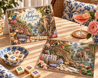 2027 Mahjong Wall Calendar, Asian Jungle Collection, Unique Mahjong Player Gift For Her, Luxury Game Night Menagerie Mahjong Home Decor