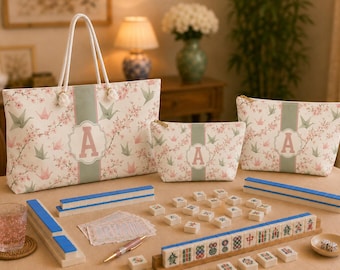 Personalized Monogram Mahjong Tote Bag, Custom Mahjong Gift, Origami Crane Bird Mahj Tile Bag Storage Set, Ladies Game Night XL Travel Pouch