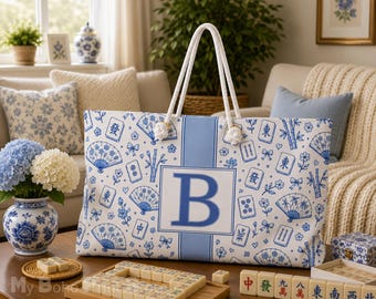 Personalized Mahjong Tote Bag, Blue Chinoiserie Custom Monogram Mahjong Bag Gift For Her, Mahj Tile Storage Bag, Game Night Travel Pouch Set