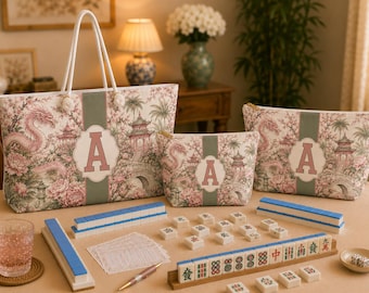 Personalized Monogram Mahjong Tote Bag, Custom Pink Dragon Mahjong Gift, Mahj Tile Bag Storage Set, Ladies Game Night XL Travel Pouch
