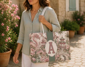 Personalized Monogram Mahjong Tote Bag, Custom Pink Dragon Mahjong Gift, Mahj Tile Bag Storage Set, Ladies Game Night XL Travel Pouch