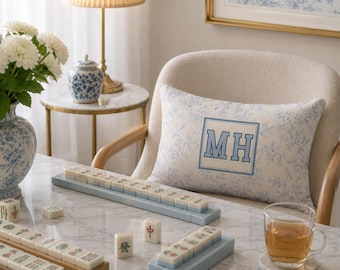 Personalized Monogram Mahjong Pillow, Gift For Mahjong Player, Blue Toile Mahjong Home Decor, Custom Chinoiserie Mahj Game Night Cushion