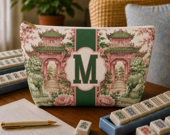 Personalized Mahjong Tile Bag, Custom Monogram Mahjong Gift, Guardian Lion Mahj Storage Set Ladies Matching Game Night Travel XL Pouch Bags