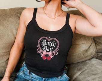 Butch Bait Tank Top, Cherry Coquette Lesbian Tank, Queer Bi Gay Subtle Sapphic Pride WLW Crop Top Femme Baby Tee Shirt Lesbian WLW Tank Top
