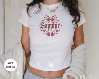 Sapphic Strawberry Baby Tee Shirt, 90s Y2K, Gothic Coquette Lesbian, Bi Subtle Sapphic Gay Pride Shirt, WLW Femme Butch Lesbian Couple Gifts